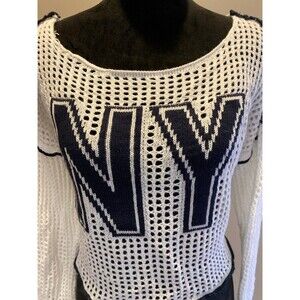 Sweater Planet Heart Open Weave Knit Cropped White New York NY Blue Graphic